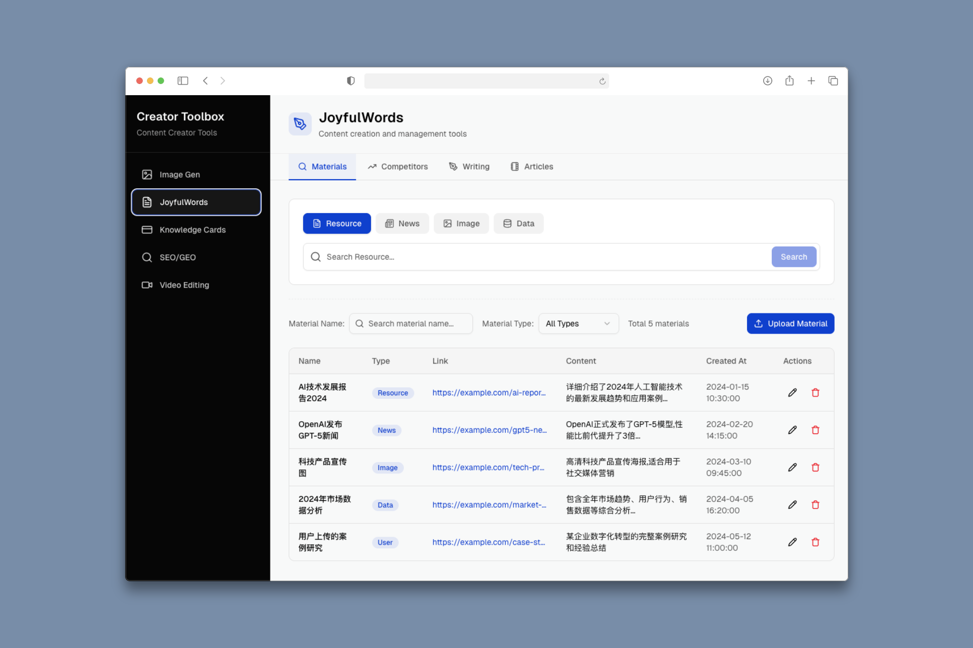 JoyfulWords Content Creation interface